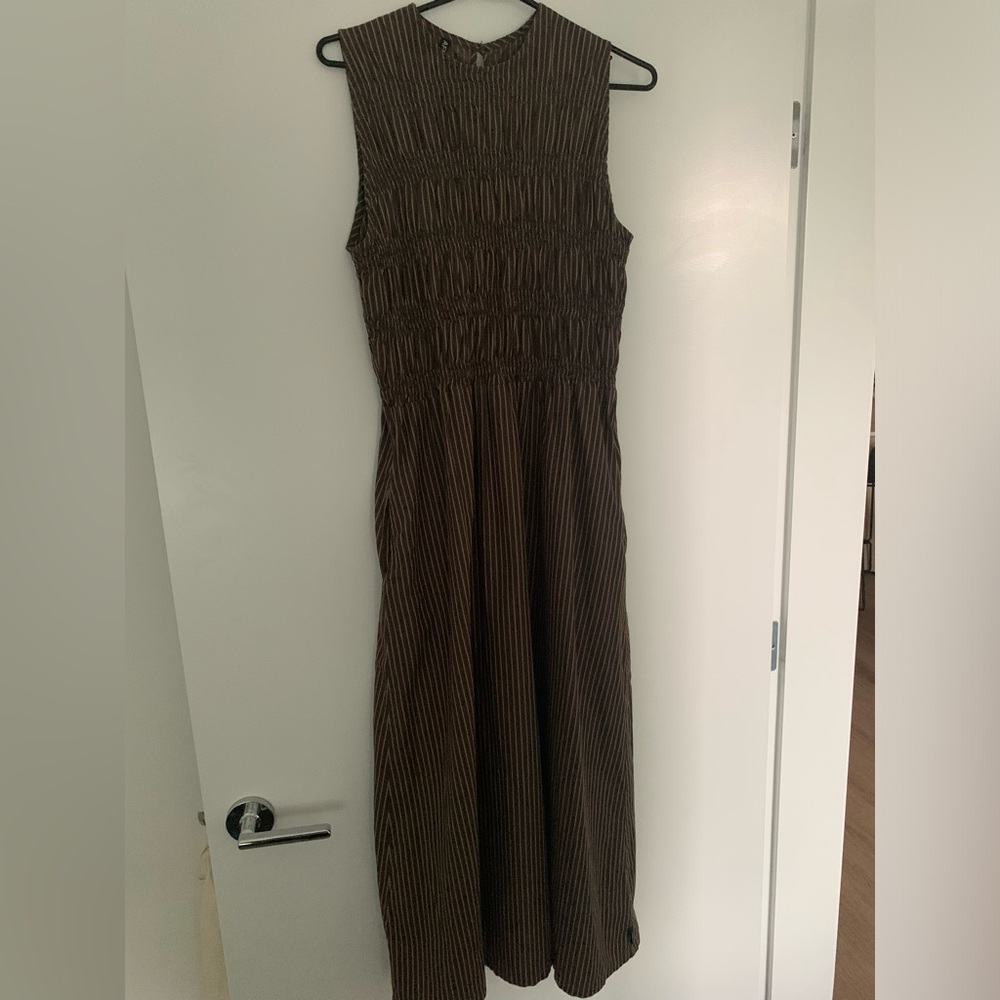 Afends Brown and Beige Striped Sleeveless Midi Dress with Smocked Waist